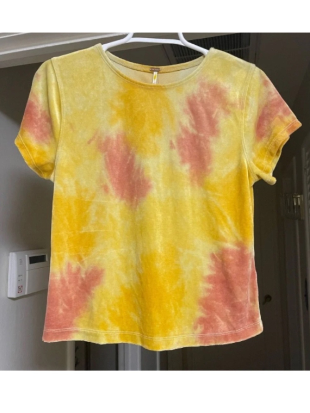 Free People Bright Eyes Velvet Tie Dye Crop Top Medium Yellow Pink Short Sleeve
